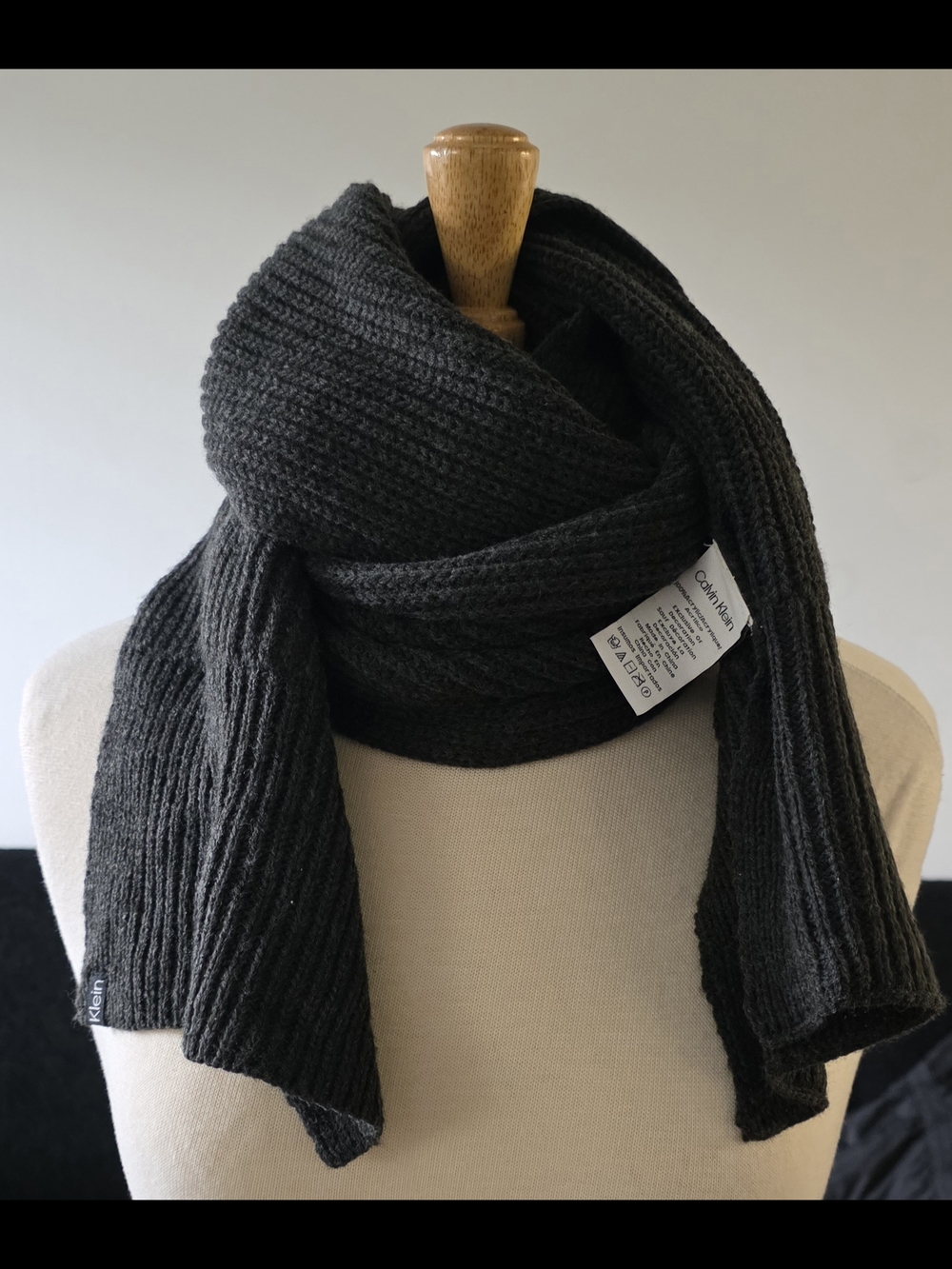 Calvin Klein Dark Charcoal Ribbed Knit Scarf - Men's Accessory